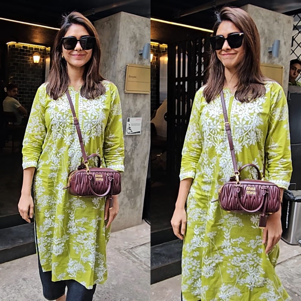 Mrunal Thakur’s Rs 2,50,798 Miu Miu brown bag gets ethnic twist with green kurti, perfe...