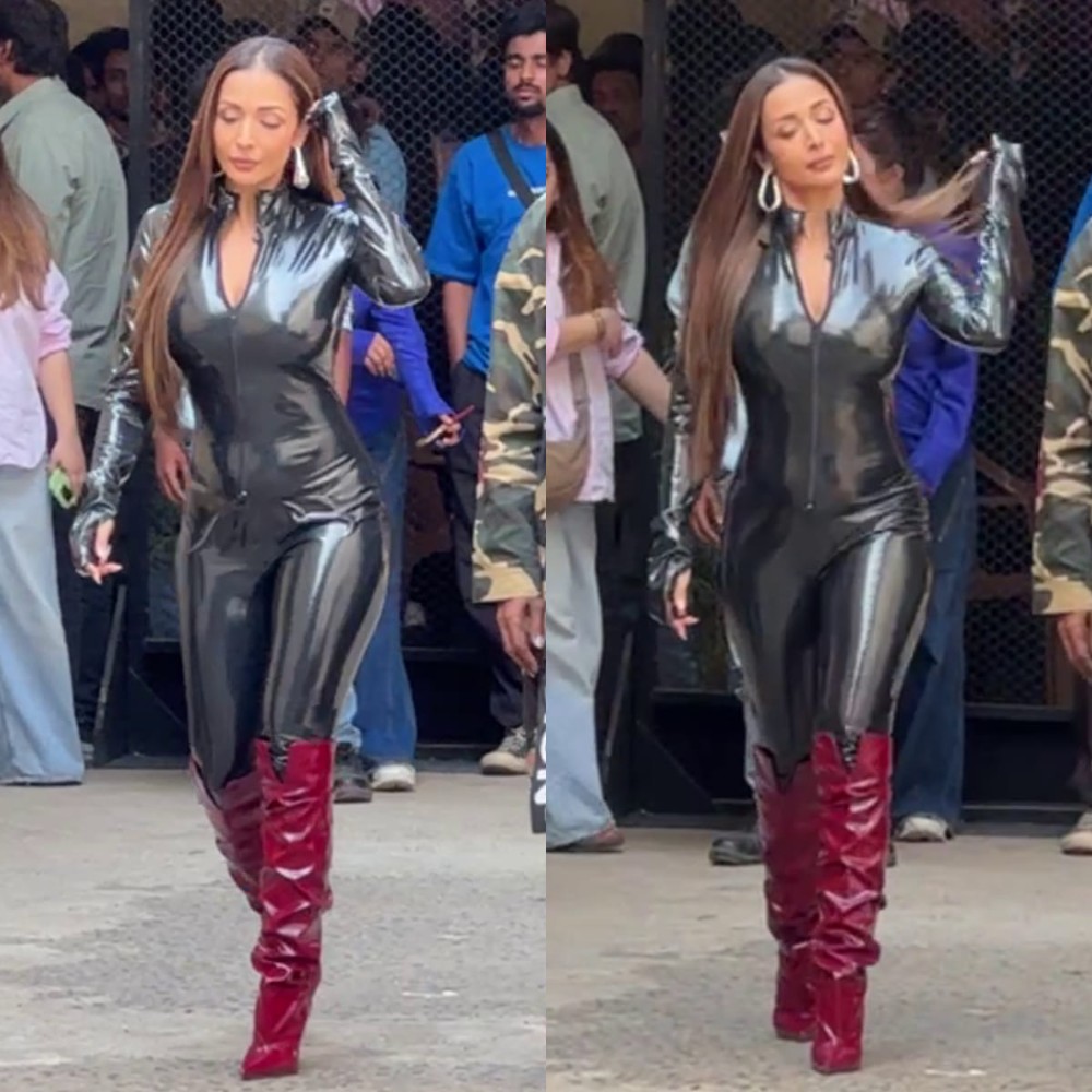 Malaika Arora channels Catwoman energy in a latex bodysuit, walking alongside Rohit She...