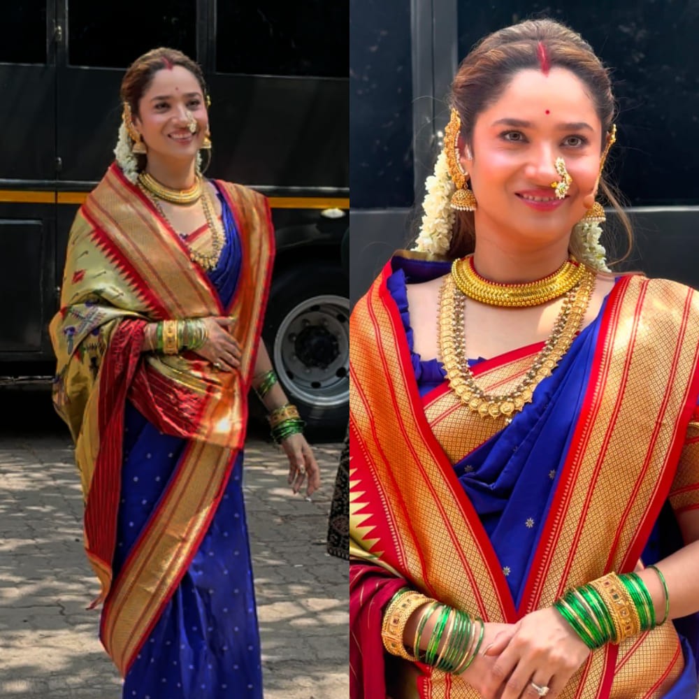 Ankita Lokhande styles her paithani saree with traditional Maharashtrian jewelry, and she looks absolutely stunning