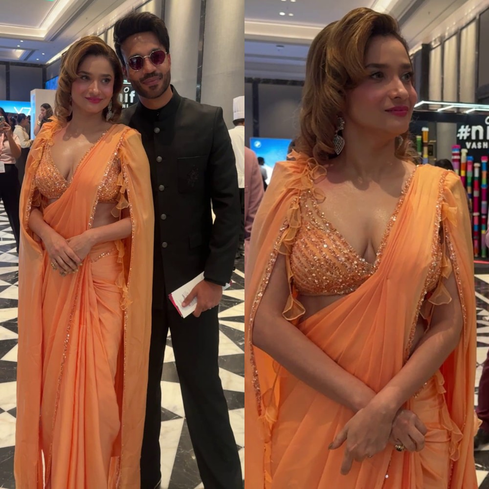 Ankita Lokhande wears tangerine cape design blouse with ready-to-wear saree and it’s perfect cocktail party look 