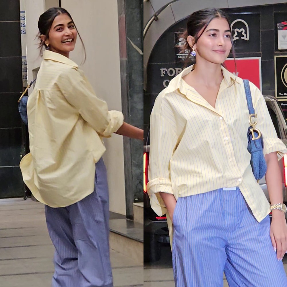 Pooja Hegde pairs mismatched earrings with grandpa pants, serving quirky-cool aesthetic 