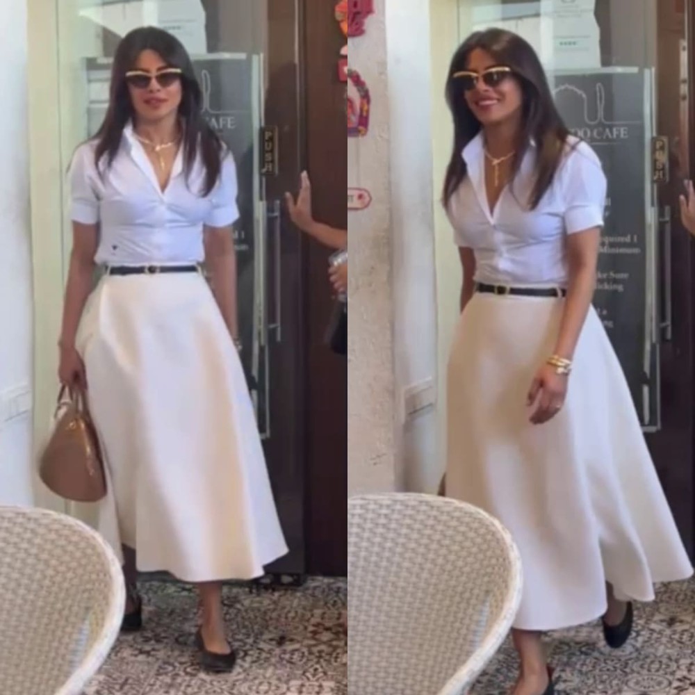 Priyanka Chopra’s version of business casual includes a shirt and midi-skirt combo