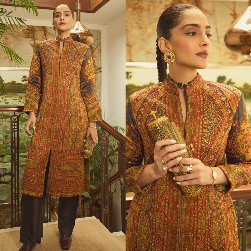 Sonam Kapoor pairs Kashmiri long coat with trousers for airport look, carries Dior bag worth Rs 3,20,000