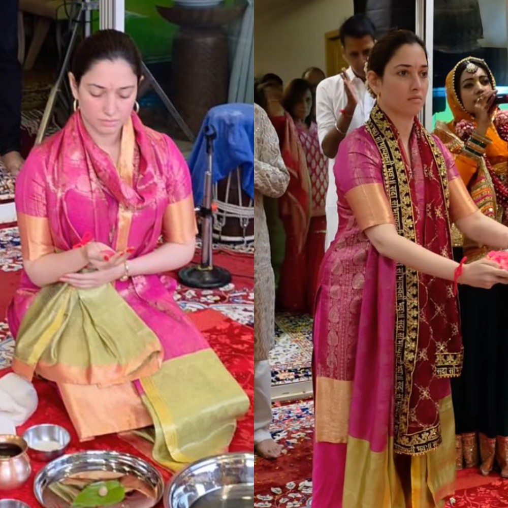 Tamannaah Bhatia brings South Indian twist to her first day of Navratri puja with pink ...