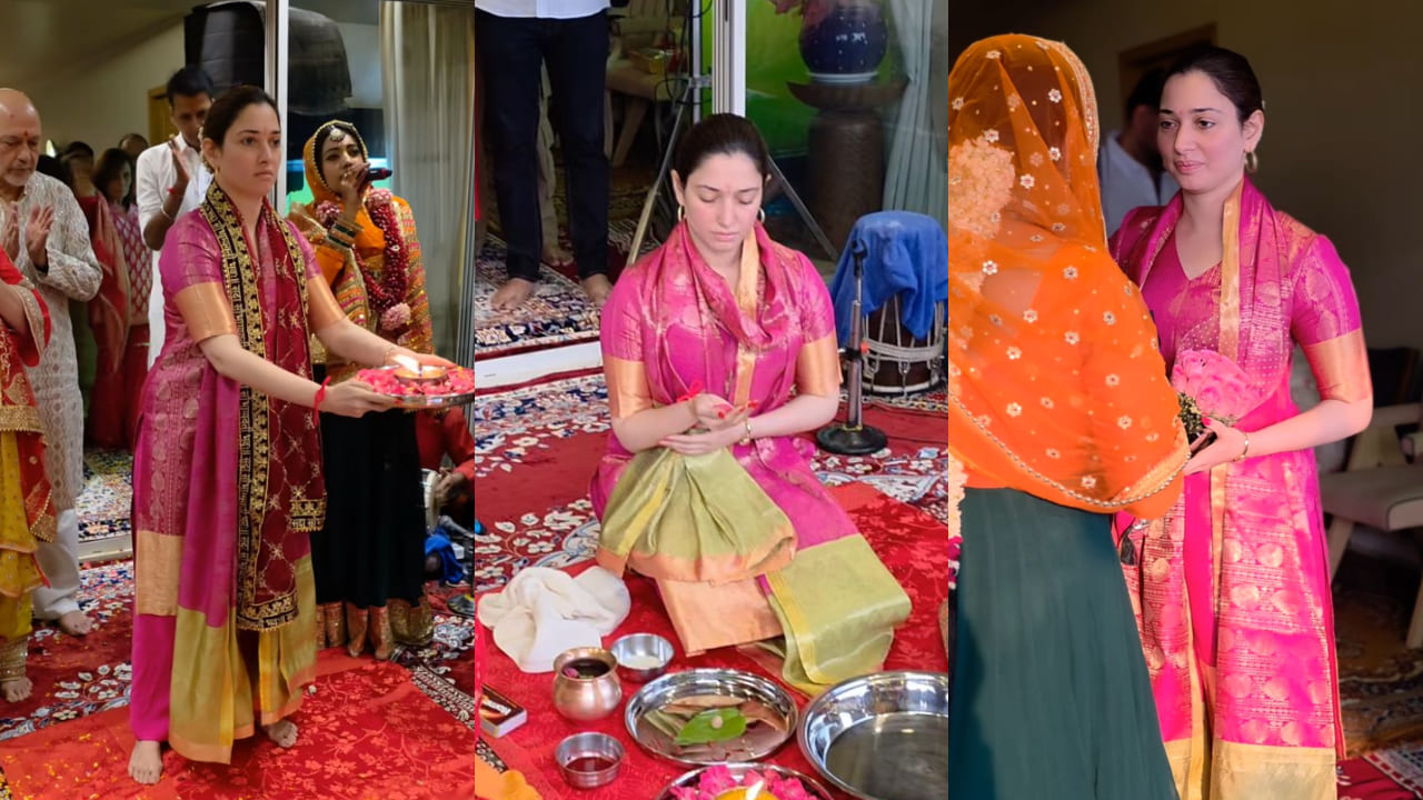 Tamannaah Bhatia brings South Indian twist to her first day of Navratri puja with pink and golden salwar suit