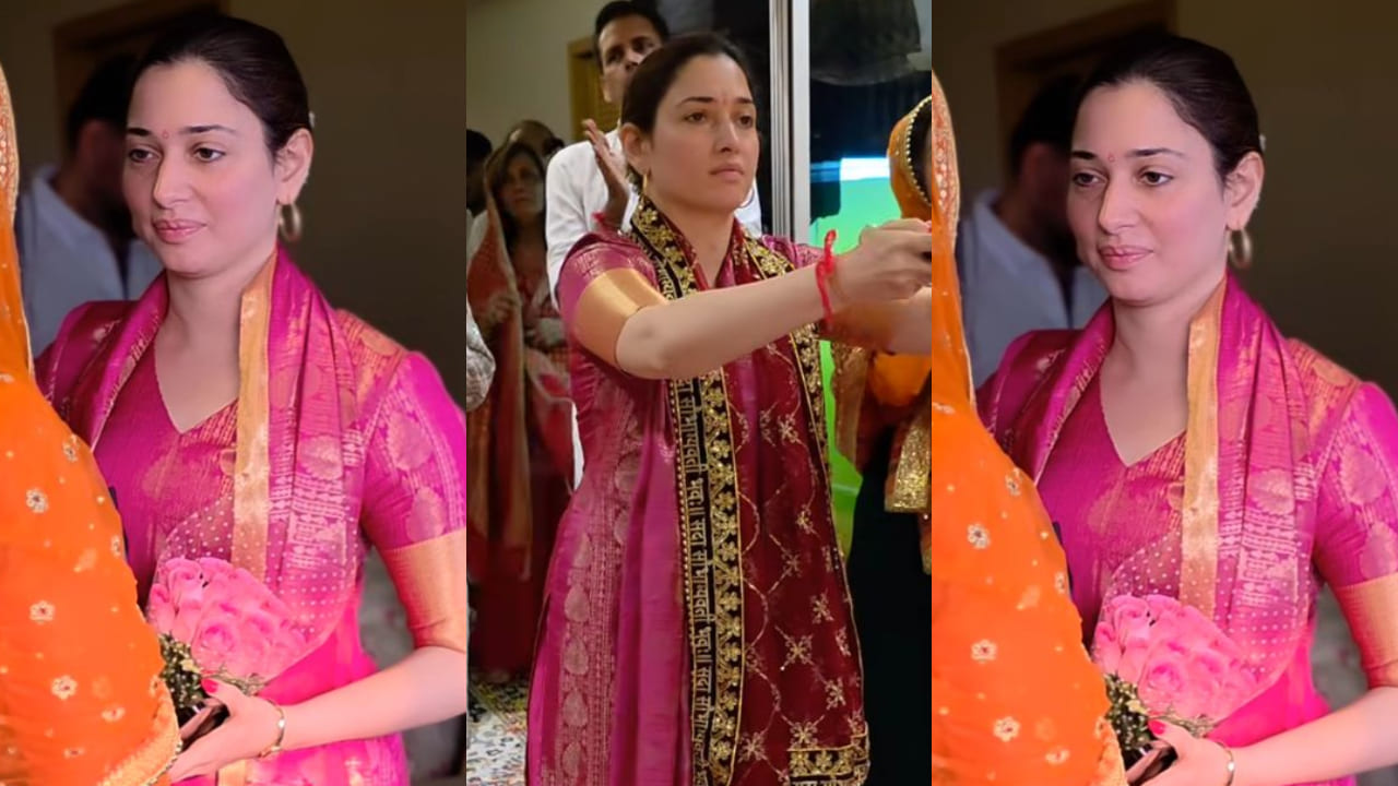 Tamannaah Bhatia brings South Indian twist to her first day of Navratri puja with pink and golden salwar suit