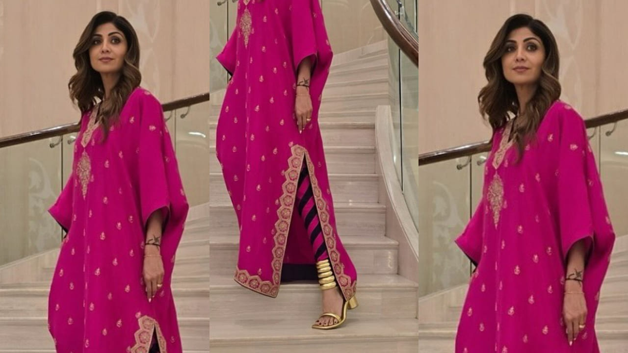 Shilpa Shetty goes all Gulabi in Rs 57,500 Kaftan set with smokey eyes and extra drama