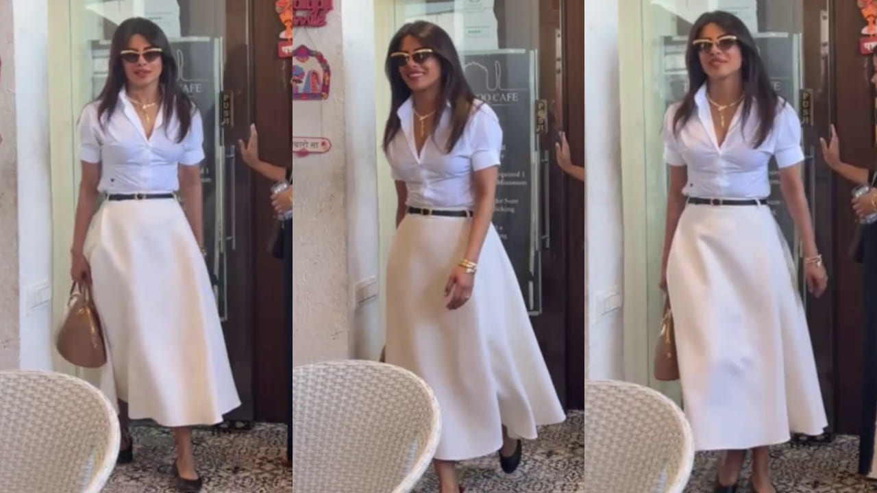 Priyanka Chopra’s version of business casual includes a shirt and midi-skirt combo. APH Images 