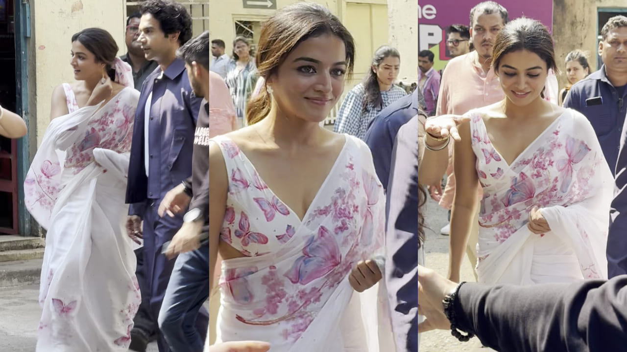 Wamiqa Gabbi turns ‘Titli’ in butterfly-print white saree and matching hair scarf. PC: Bablu