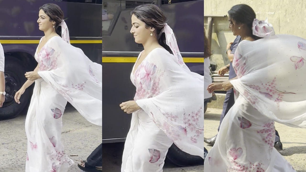 Wamiqa Gabbi turns ‘Titli’ in butterfly-print white saree and matching hair scarf. PC: Bablu