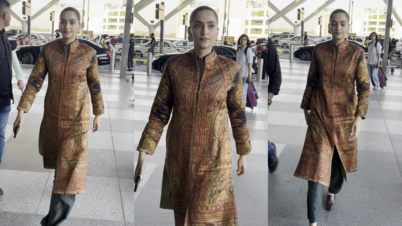Sonam Kapoor pairs Kashmiri long coat with trousers for airport look, carries Dior bag worth Rs 3,20,000. PC: APH Images 