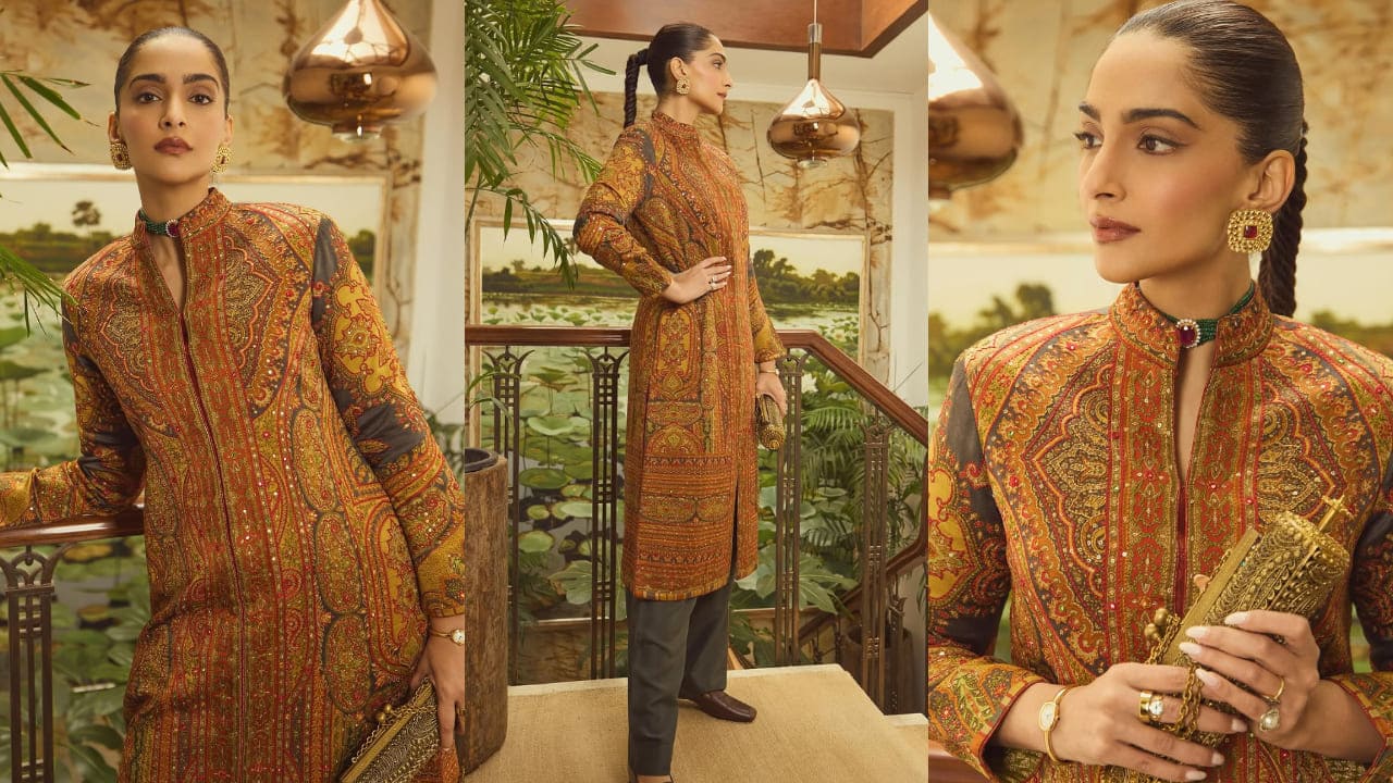Sonam Kapoor pairs Kashmiri long coat with trousers for airport look, carries Dior bag worth Rs 3,20,000. PC: APH Images 