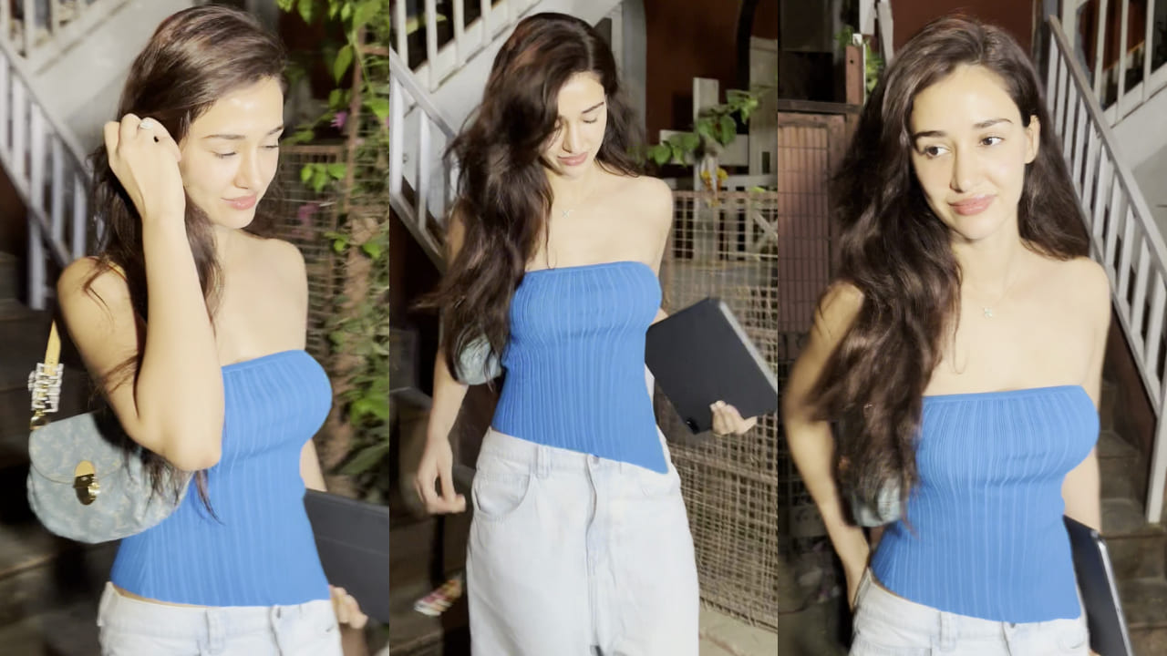 Disha Patani serves Friday work-and-play look in tube top and oversized denim jeans with LV bag. PC: APH Images