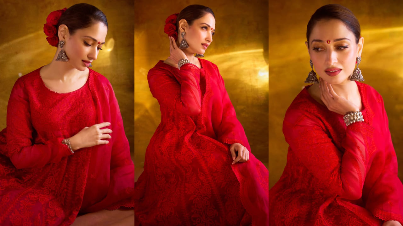 Tamannaah Bhatia looks ravishing in red Anarkali set, adorns hair with roses exuding old-world romantic charm. PC: TEJAS NERURKAR