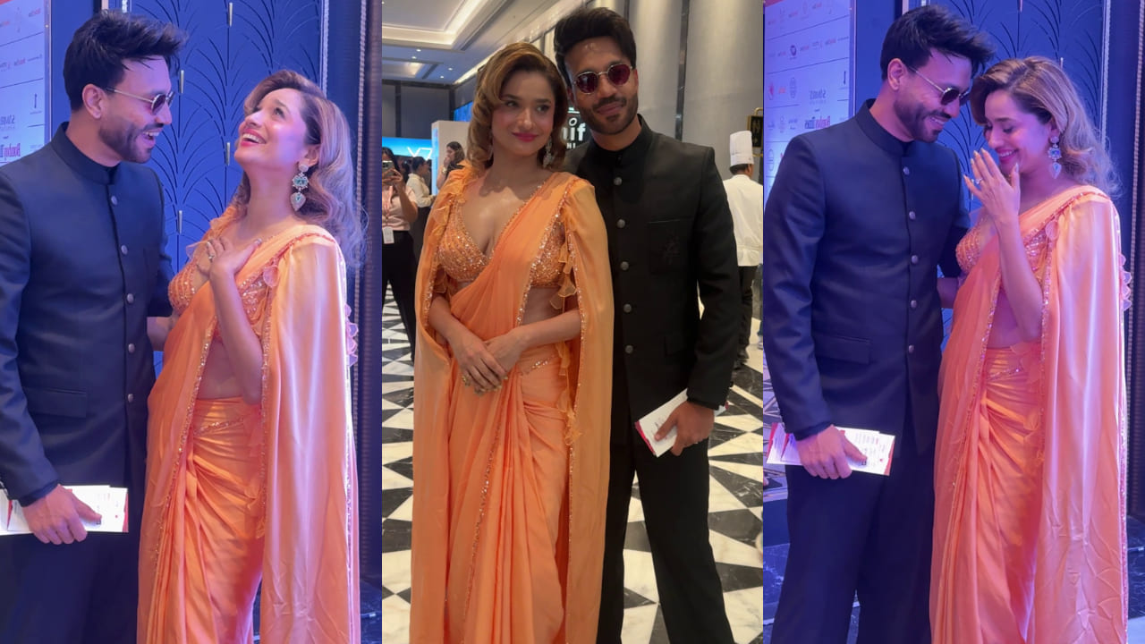 Ankita Lokhande wears tangerine cape design blouse with ready-to-wear saree and it’s perfect cocktail party look. PC: Bablu