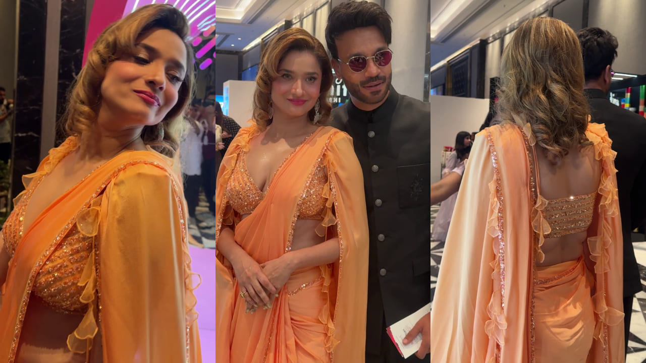 Ankita Lokhande wears tangerine cape design blouse with ready-to-wear saree and it’s perfect cocktail party look. PC: Bablu