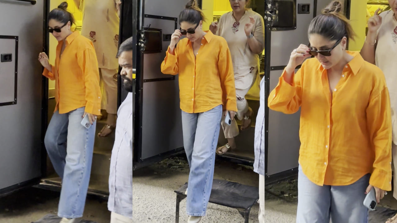 Kareena Kapoor pairs her summer-perfect tangerine shirt and denim jeans with sunglasses worth Rs 12,681. PC: Varinder 