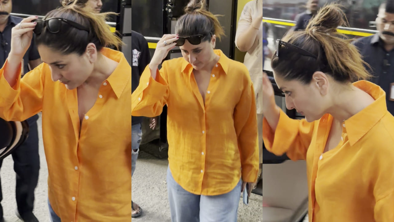 Kareena Kapoor pairs her summer-perfect tangerine shirt and denim jeans with sunglasses worth Rs 12,681. PC: Varinder 