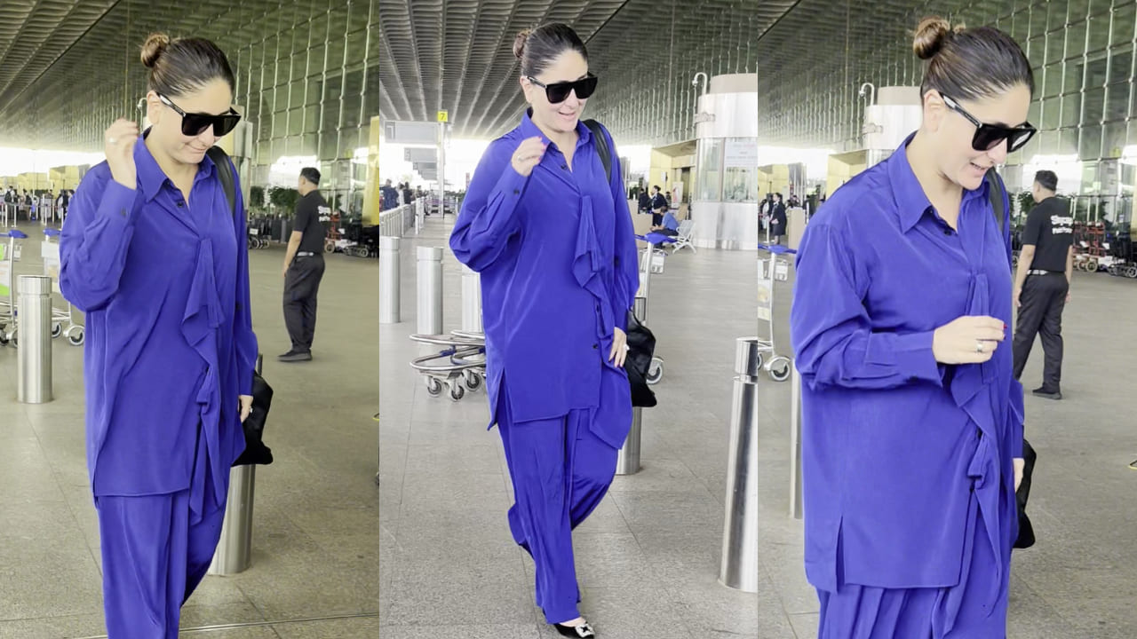 Kareena Kapoor exudes ‘Begum of Pataudi’ vibes in royal blue co-ords for her airport look. PC: Bablu