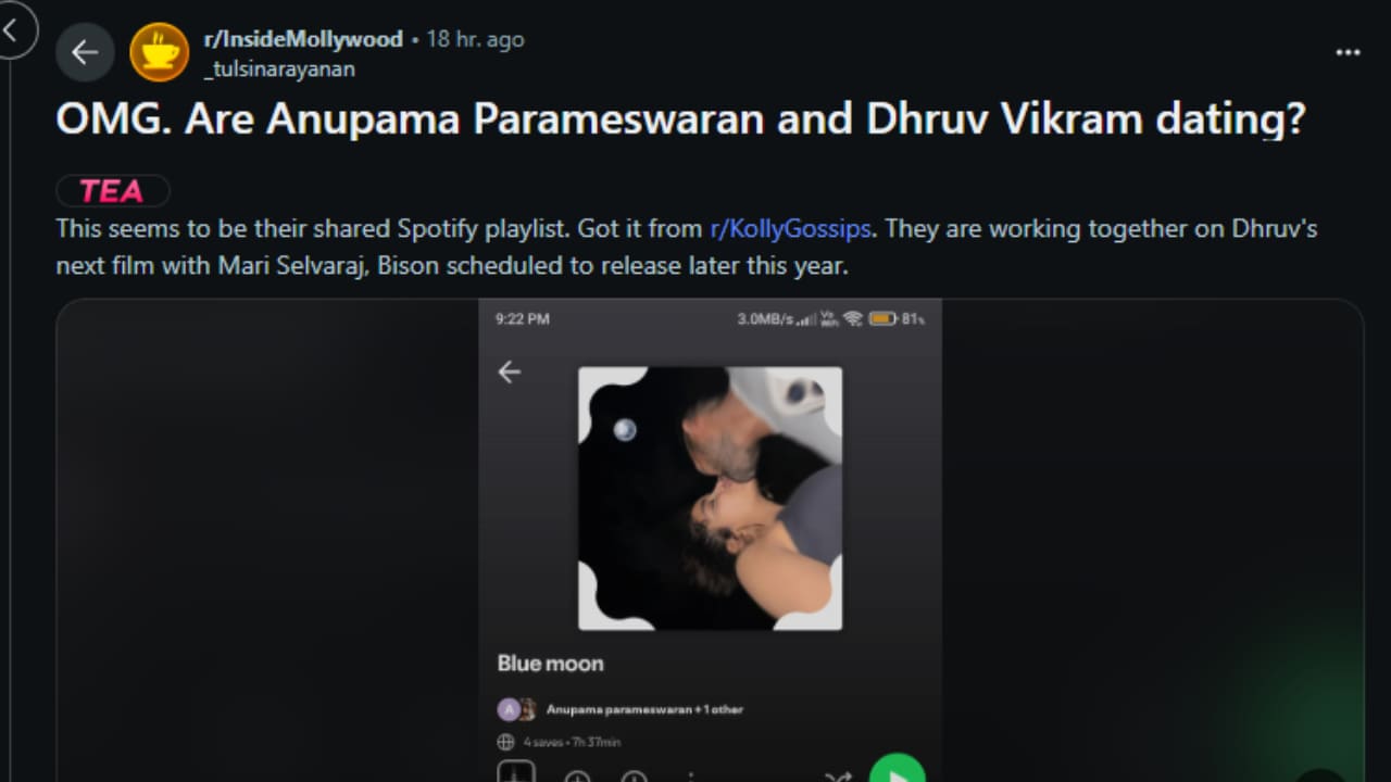 Dhruv Vikram and Anupama Parameswaran dating rumors (PC: Inside Mollywood, Reddit)