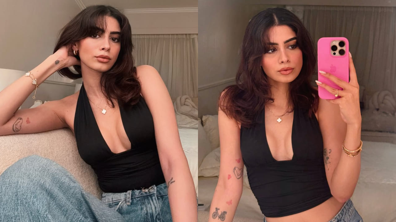 Khushi Kapoor exudes dark feminine energy in black plunging top and winged eyeliner. PC: Khushi Kapoor IG