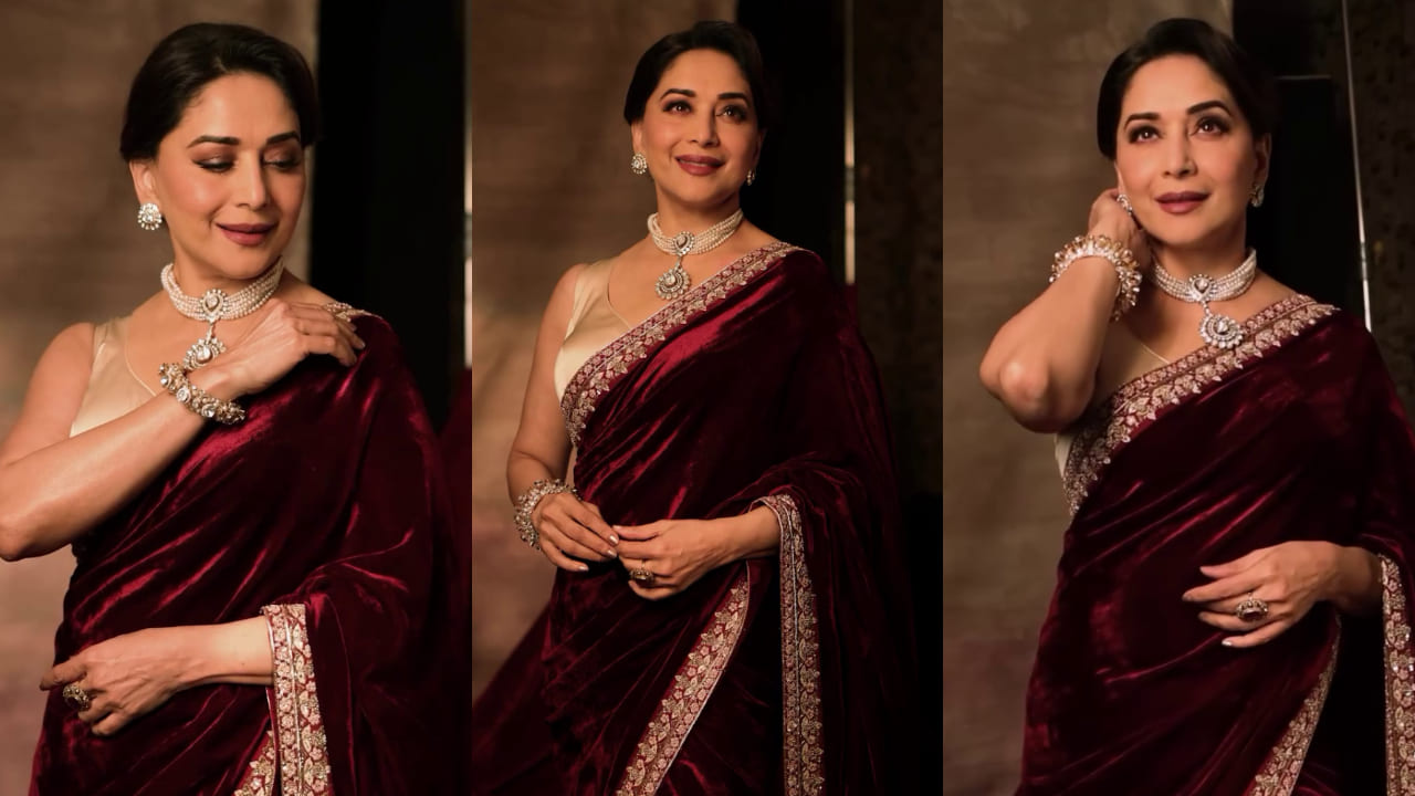 Madhuri Dixit's velvet red, organza pink two-toned saree is equal parts royal and ravishing. PC: Madhuri Dixit IG