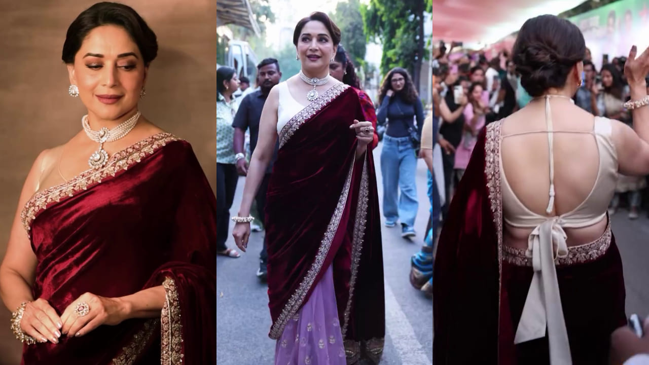Madhuri Dixit's velvet red, organza pink two-toned saree is equal parts royal and ravishing. PC: Madhuri Dixit IG
