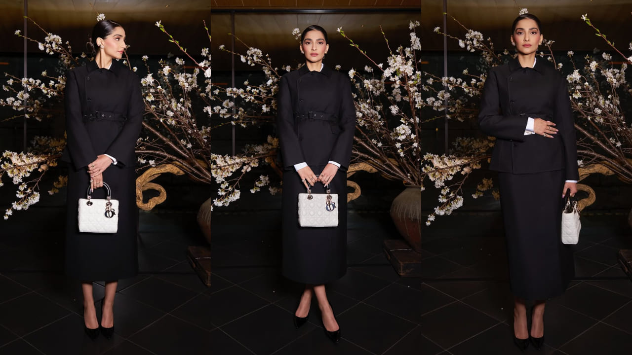 Sonam Kapoor brings corporate drama to couture with sharp tailoring and Sakura-toned makeup. PC: Apeksha Maker