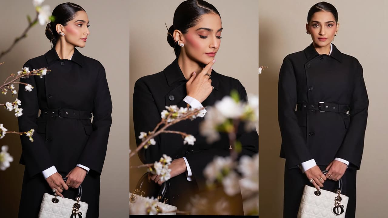 Sonam Kapoor brings corporate drama to couture with sharp tailoring and Sakura-toned makeup. PC: Apeksha Maker