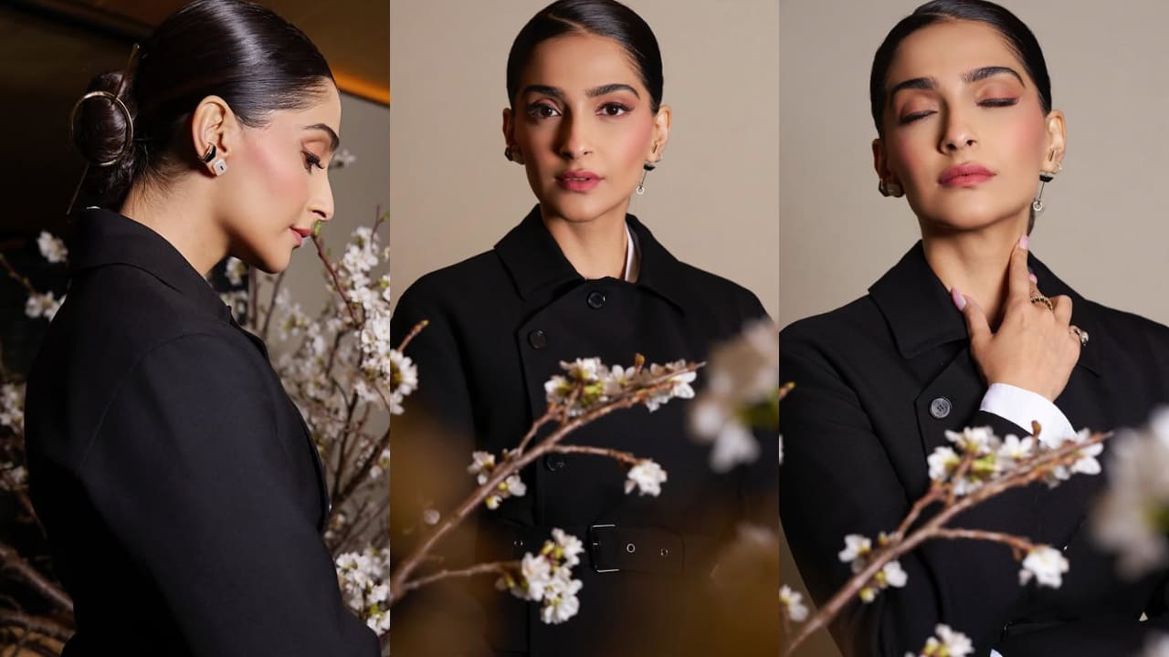 Sonam Kapoor brings corporate drama to couture with sharp tailoring and Sakura-toned makeup. PC: Apeksha Maker