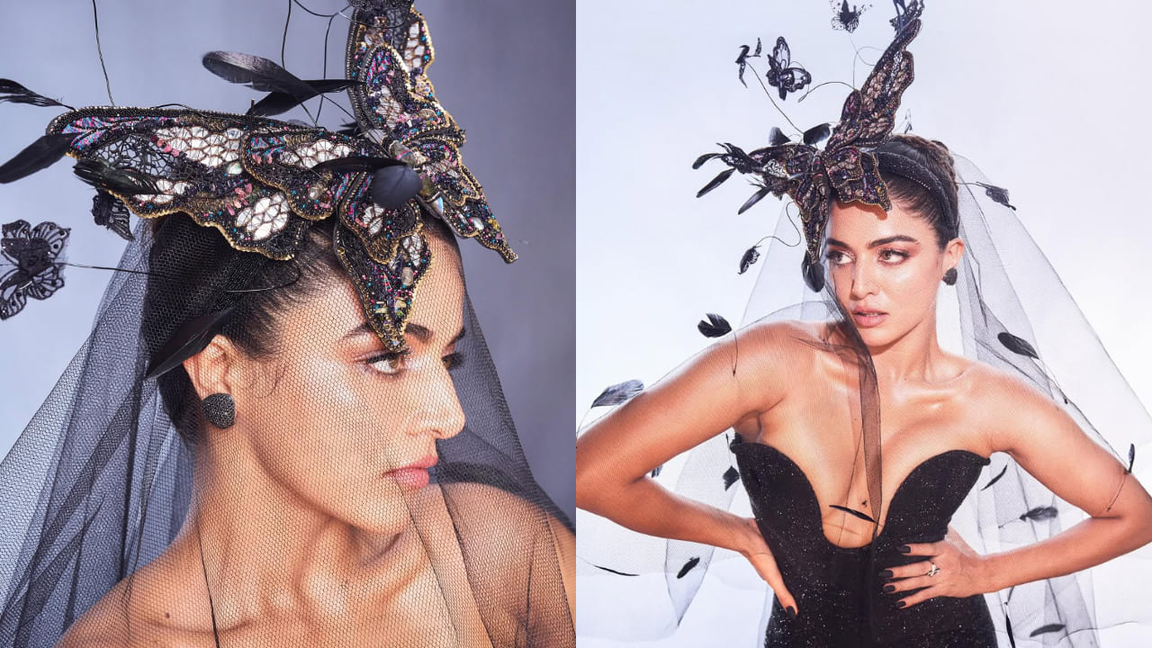 Wamiqa Gabbi elevates her mysterious gothic couture with Rs 1,77,000 butterfly headgear. PC: Aman Nagoshe