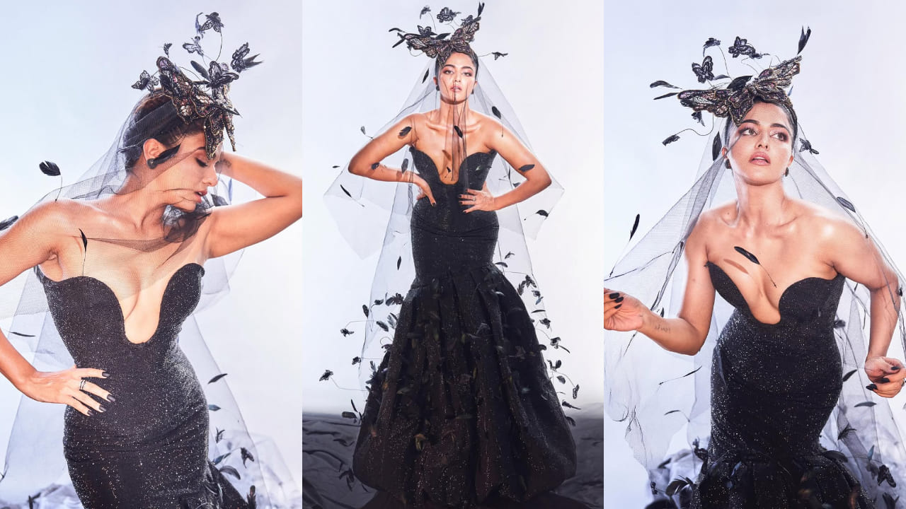 Wamiqa Gabbi elevates her mysterious gothic couture with Rs 1,77,000 butterfly headgear. PC: Aman Nagoshe