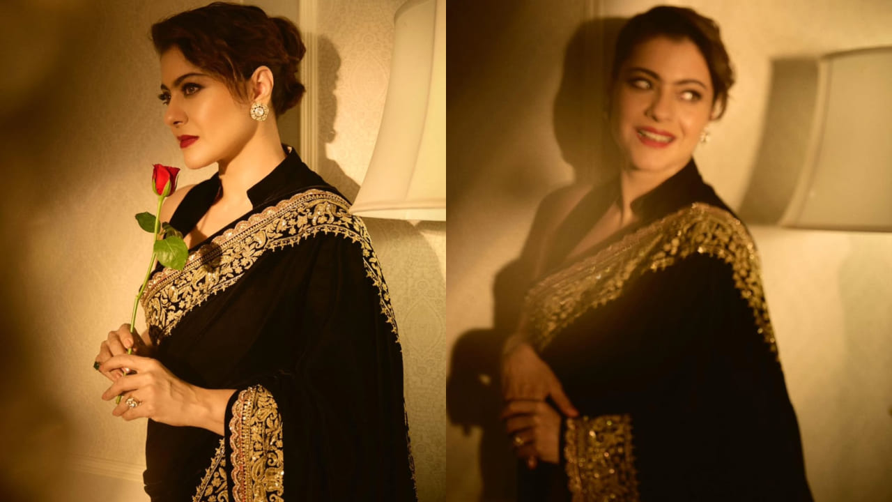 Kajol stuns in Manish Malhotra's gilded black saree but her blouse steals the spotlight entirely. PC: Ajay Kadam