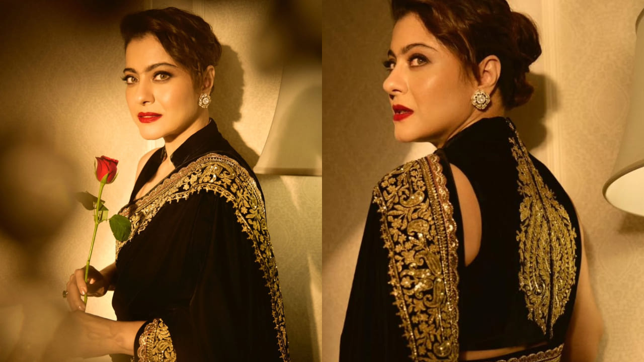 Kajol stuns in Manish Malhotra's gilded black saree but her blouse steals the spotlight entirely. PC: Ajay Kadam