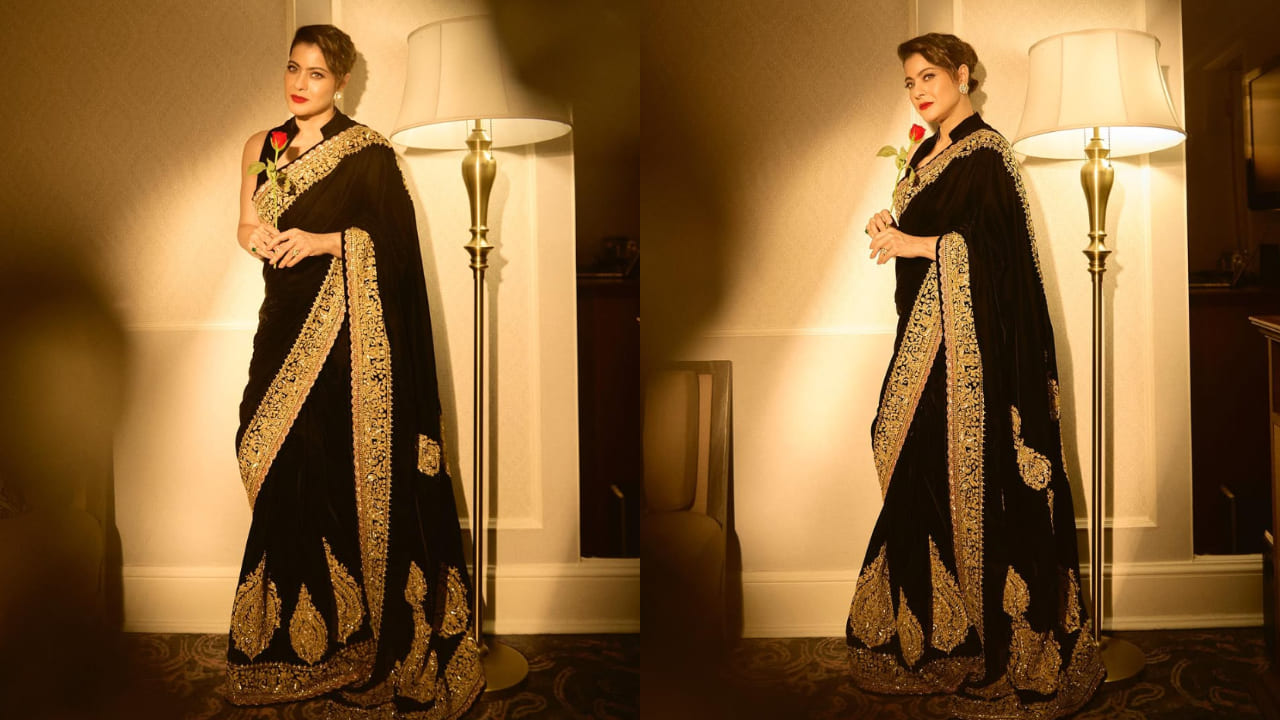 Kajol stuns in Manish Malhotra's gilded black saree but her blouse steals the spotlight entirely. PC: Ajay Kadam