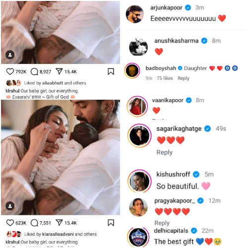 Anushka Sharma, Alia Bhatt, Kiara Advani and more shower love as Athiya Shetty-KL Rahul introduce daughter Evaarah; Arjun Kapoor already has a nickname for her