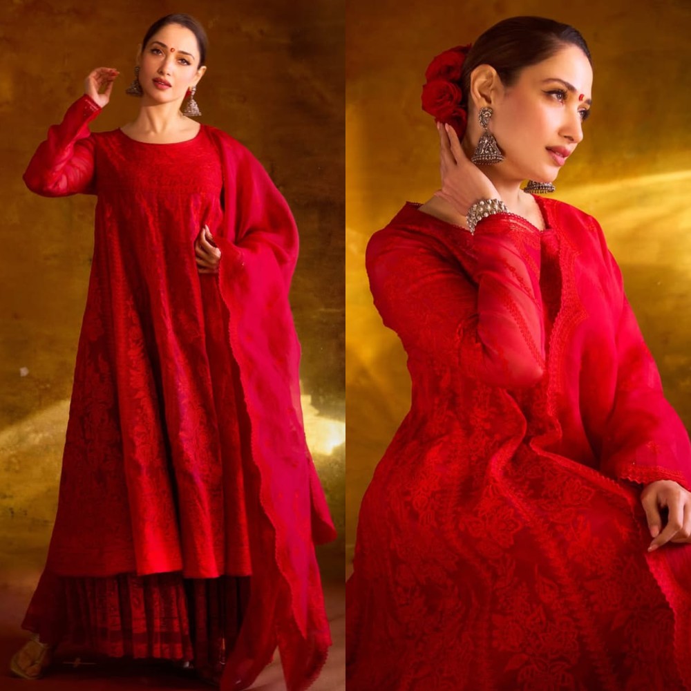 Tamannaah Bhatia looks ravishing in Rs 1,59,500 red Anarkali set, adorns hair with roses exuding old-world romantic charm