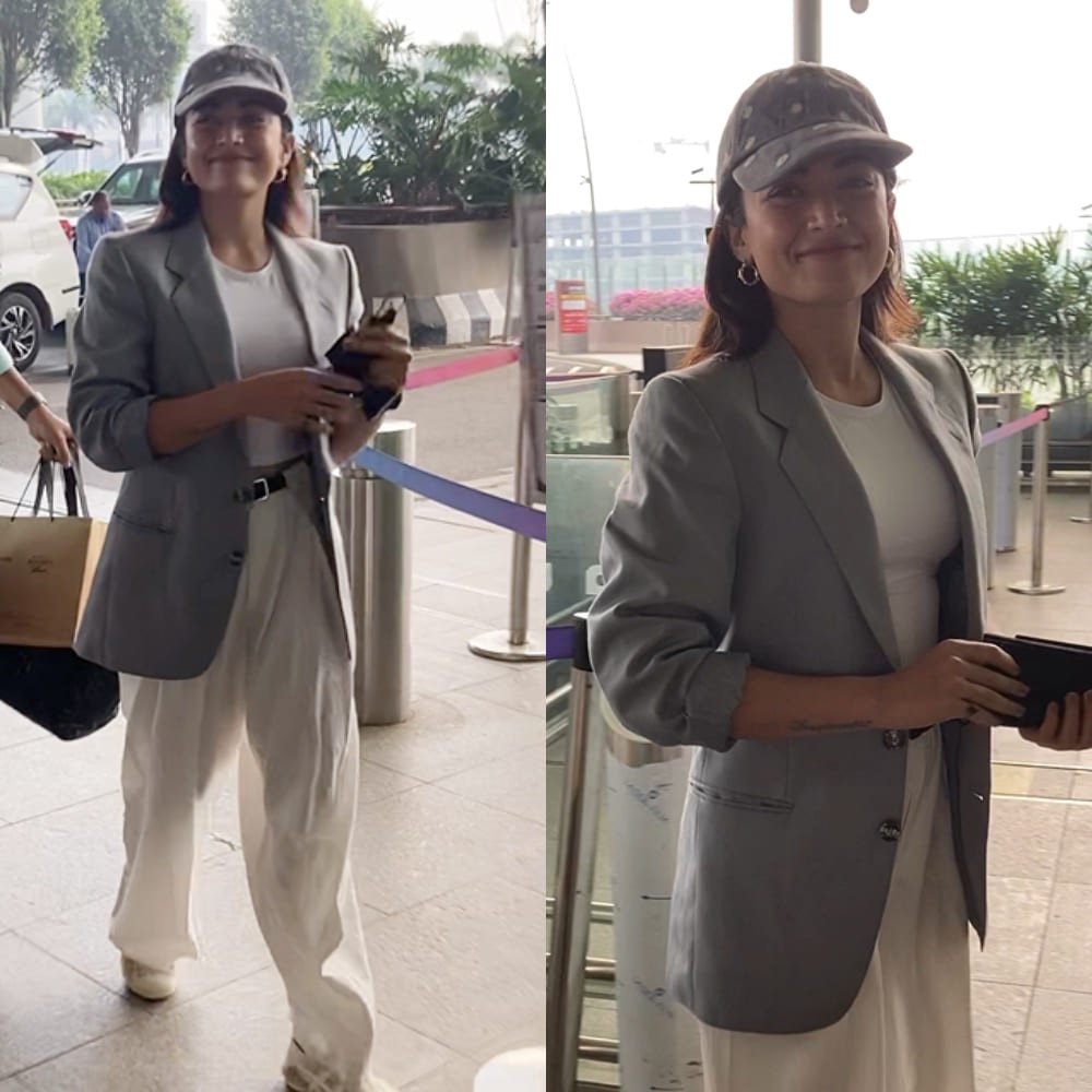 Rashmika Mandanna wears Korean loose pants with blazer and cap at Mumbai airport and it...