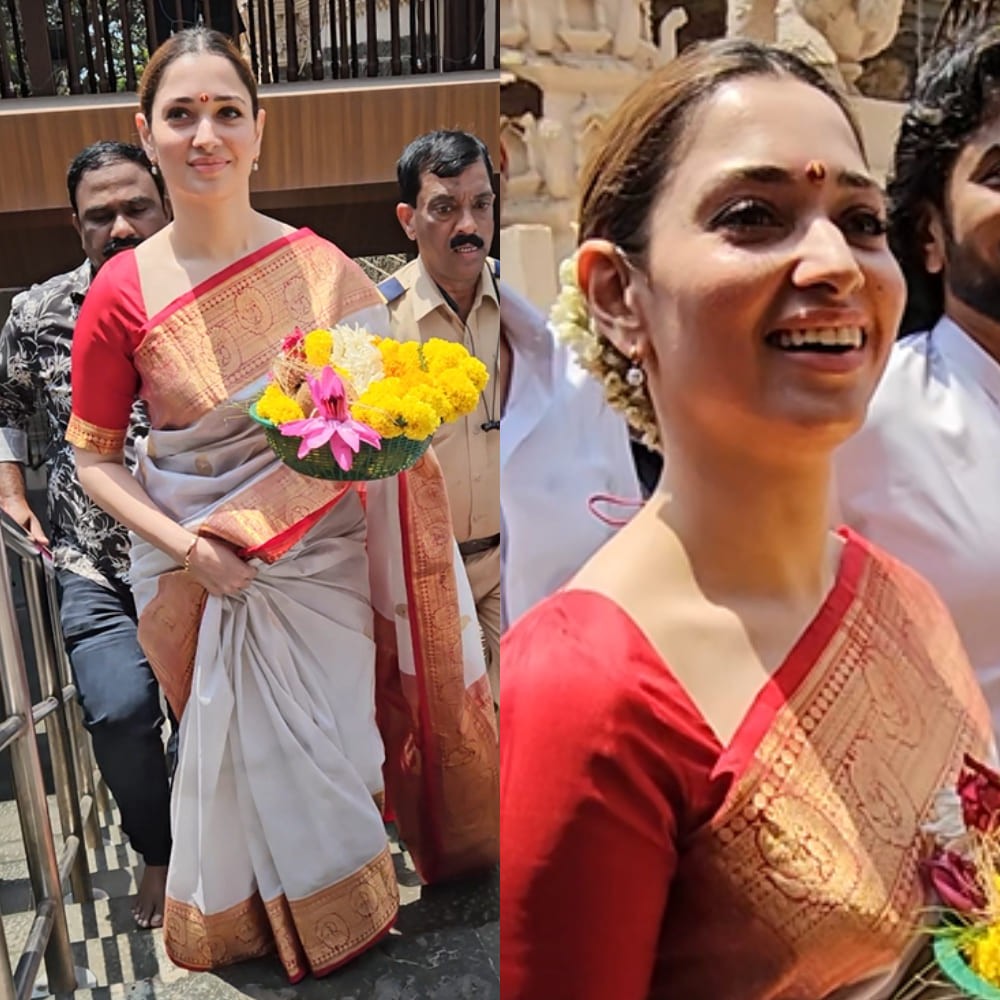 Tamannaah Bhatia champions South Indian saree look styled with Gajra in sleek bun for temple visit