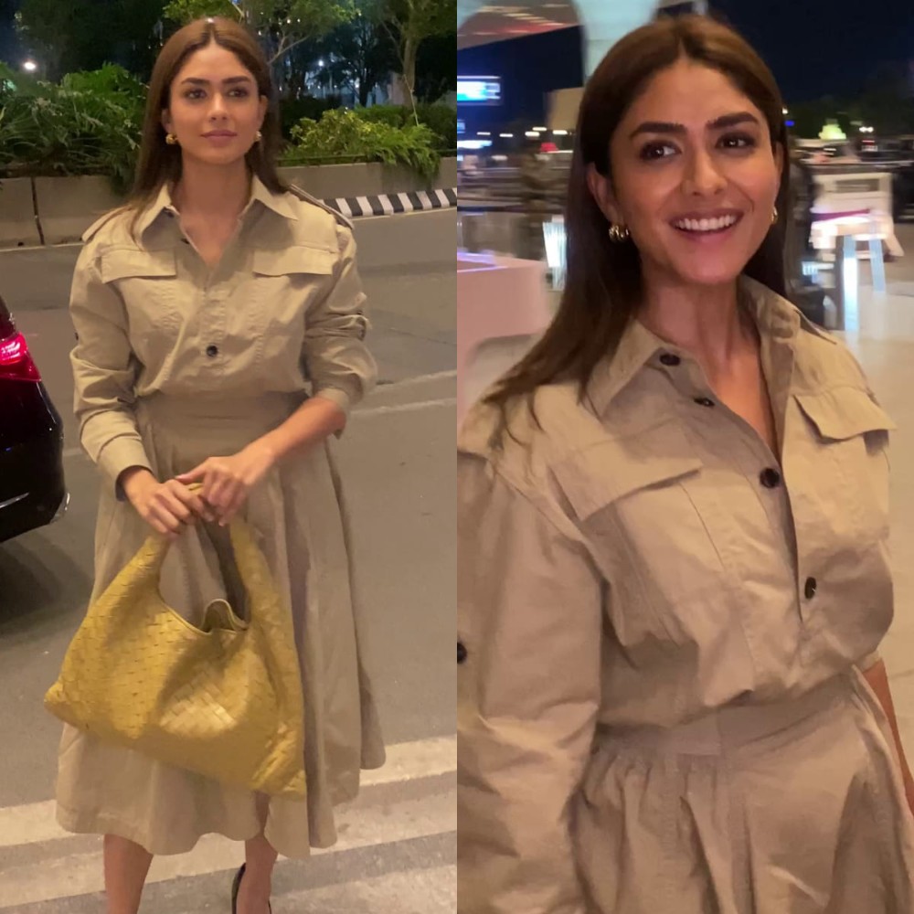 Mrunal Thakur pairs Rs 4,52,000 handbag with super elegant trench dress for her airport look