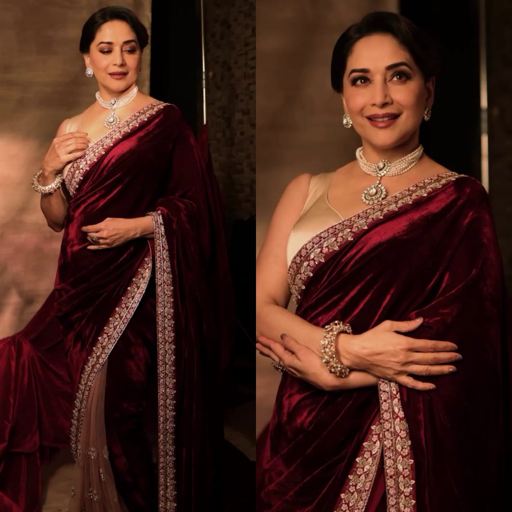 Madhuri Dixit's velvet red, organza pink two-toned saree is equal parts royal and ravishing