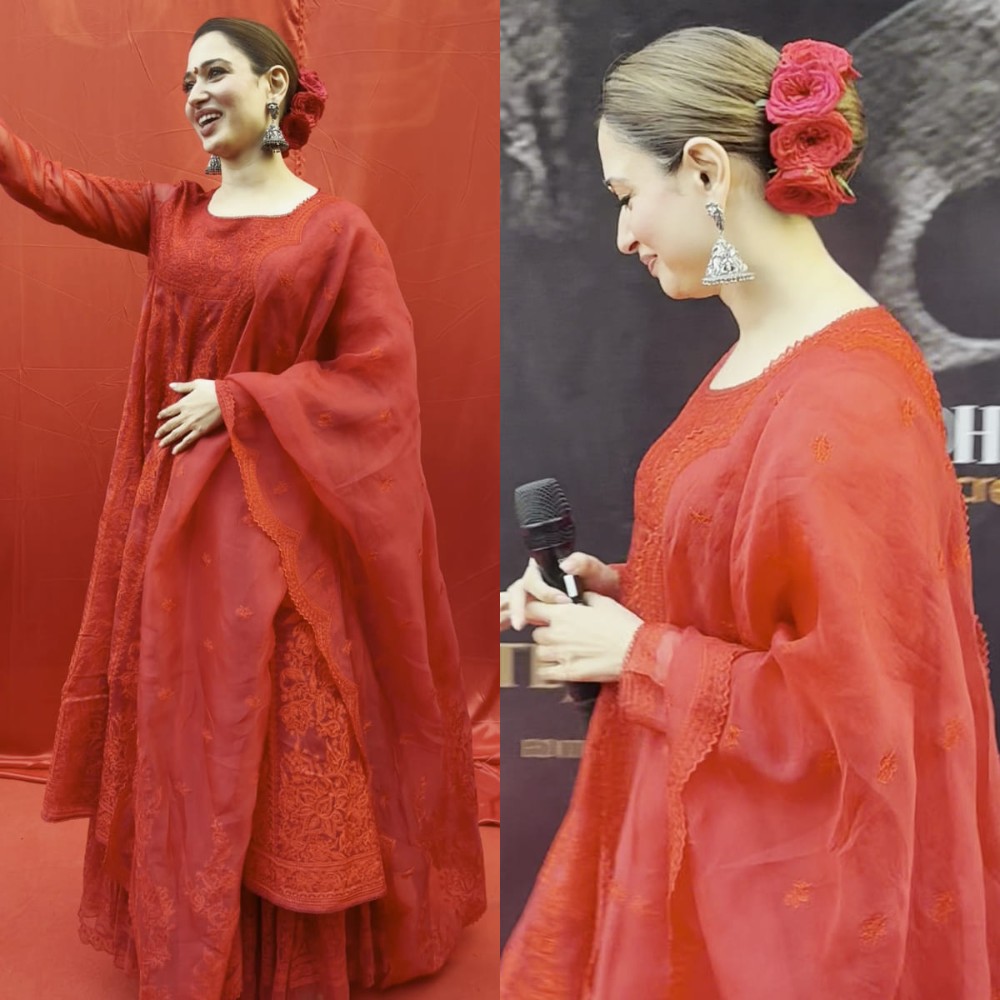 Tamannaah Bhatia looks ravishing in red Anarkali set, adorns hair with roses exuding old-world romantic charm