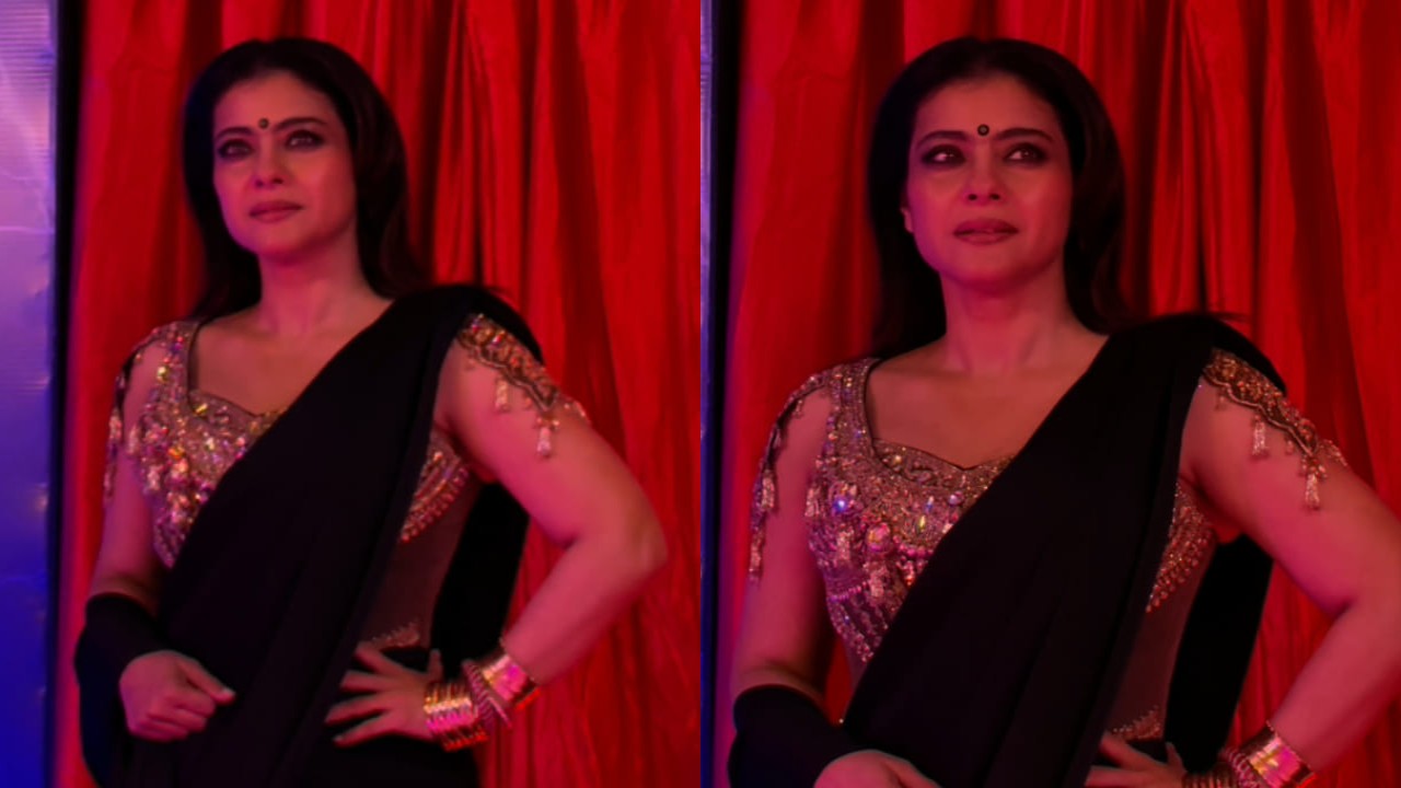Kajol shows how to style plain black saree with embellished golden blouse and bold eye makeup (PC: Viral Bhayani, APH Images) Kajol