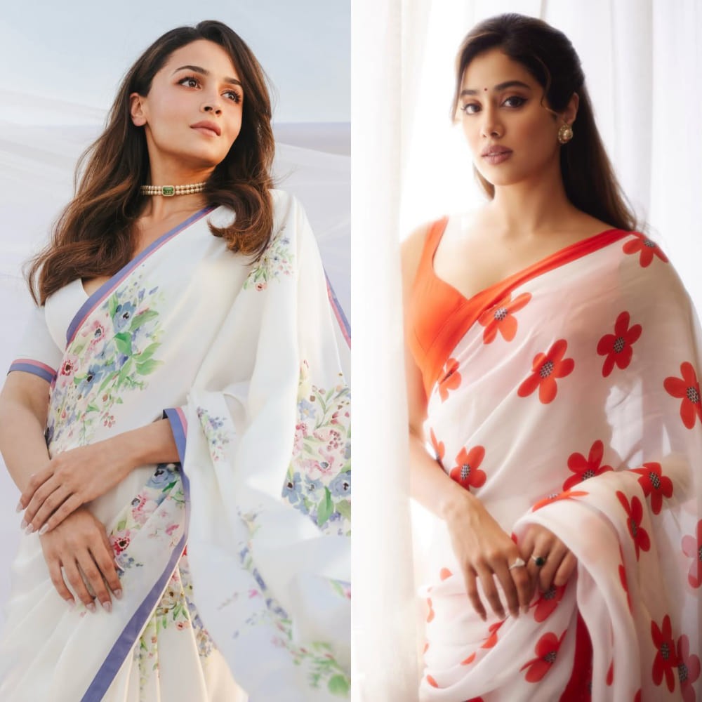11 floral sarees and blouse design ideas for summer weddings to copy from Alia Bhatt, Janhvi Kapoor 