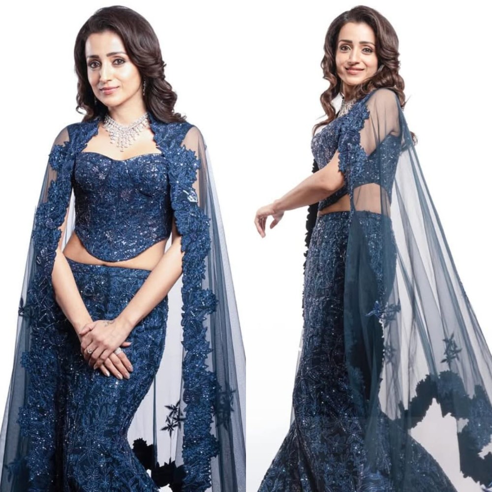 Trisha Krishnan wears mermaid-style blingy lehenga for Thug Life promotion, perfect for wedding sangeet