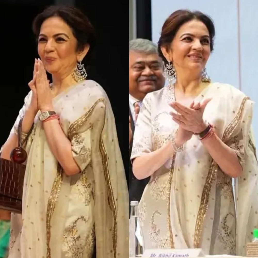 Nita Ambani pairs chandelier diamond earrings with golden beige kurta set and radiates ethical charm 