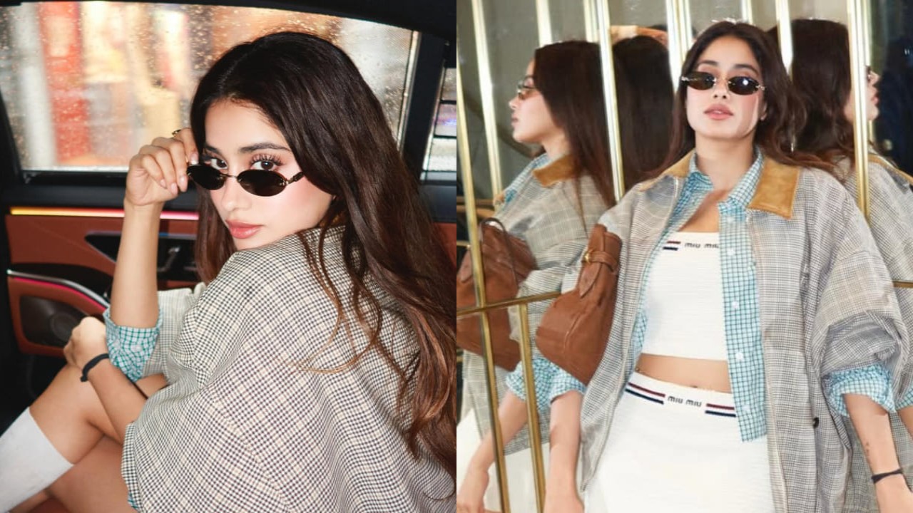 Janhvi Kapoor turns heads in Cannes with school-going look in knit skirt set and socks topped with oversized jacket (PC: Vaishnav Praveen) Janhvi Kapoor