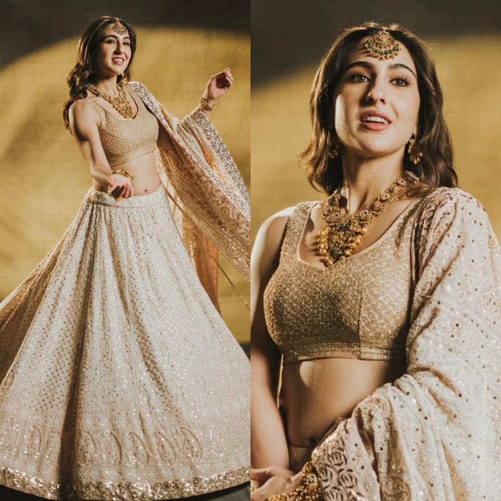  Sara Ali Khan channels her true royal aura in ivory salma sitara lehenga paired with South Indian temple jewelry