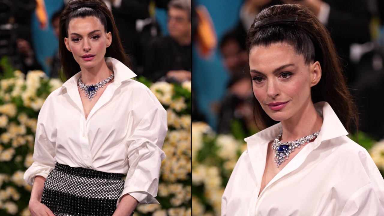 MET Gala 2025: Anne Hathaway’s jeweled skirt featured 200,000 beads and rhinestones. pc: Getty Images Anne Hathaway