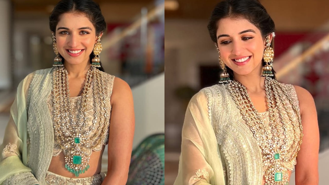 Radhika Merchant repeats her wedding necklace with Anamika Khanna’s pastel green lehenga and exudes elegance. PC: Simran Shah Radhika Merchant